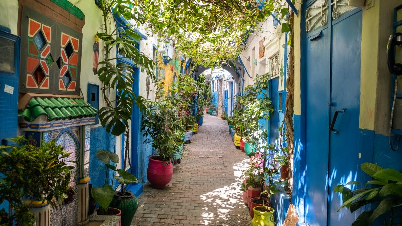 Narrow streets and colorful buildings in the old medina of Tangier