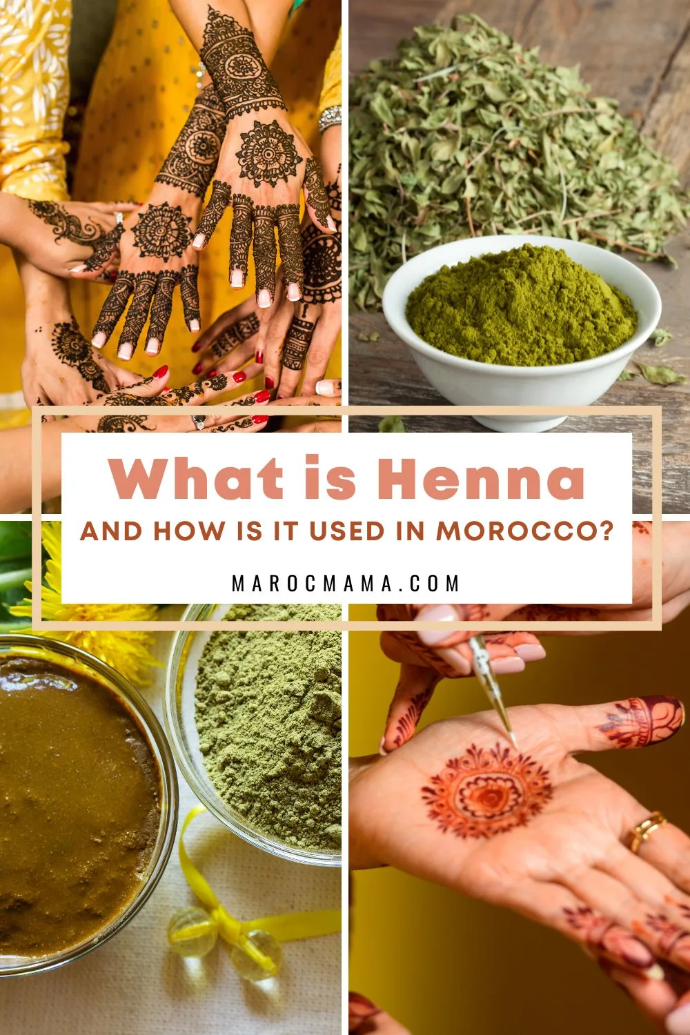 Women preparing henna paste in a traditional Moroccan setting, with intricate designs and patterns