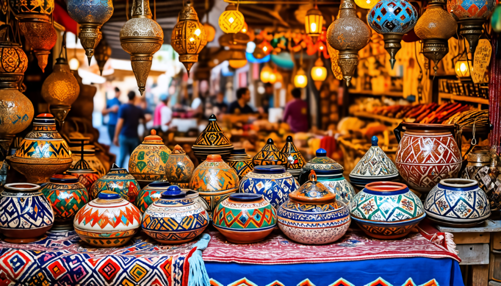 Vibrant pottery market in Safi, Morocco, with an array of colorful ceramics on display