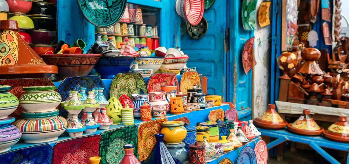 A museum exhibition featuring a stunning collection of traditional Moroccan pottery