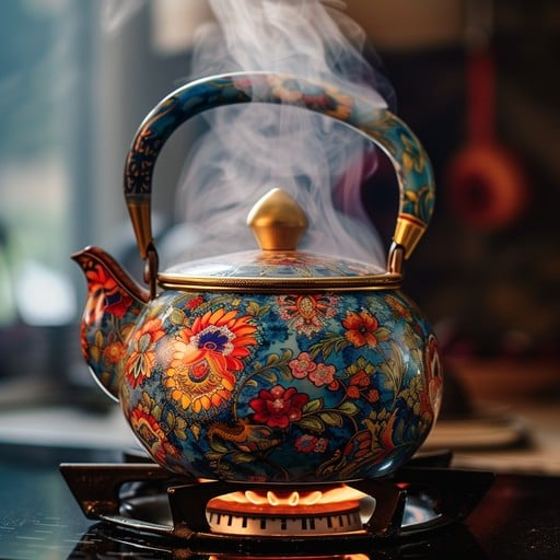A beautifully crafted Moroccan tea set adorned with intricate patterns and colors