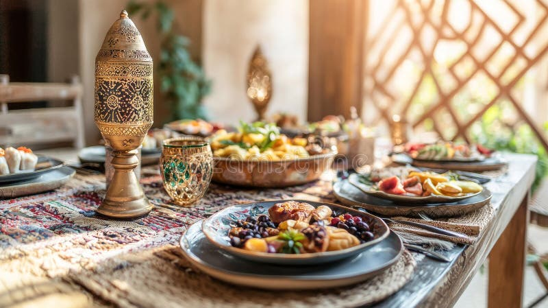 A traditional Moroccan iftar table, featuring an assortment of sweet and savory dishes