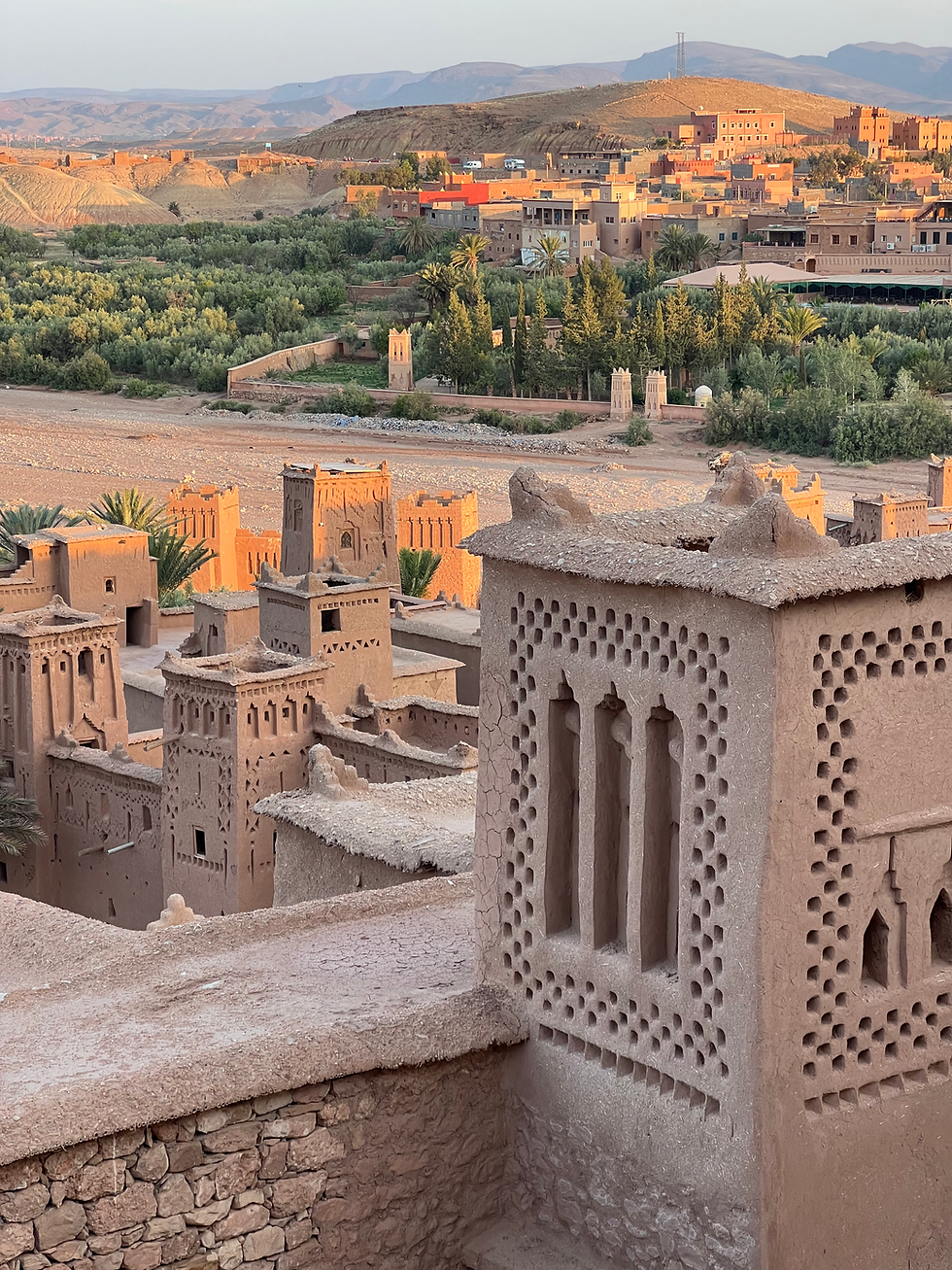 Panoramic view of Kelaat M'Gouna valley surrounded by Atlas Mountains