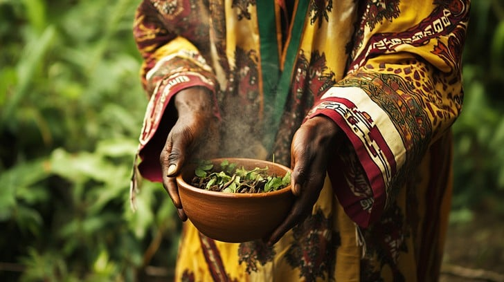 A Moroccan woman carefully preparing couscous in a traditional clay pot, surrounded by family members