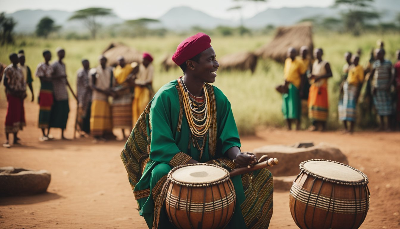 A traditional Amazigh musician playing a Guembri, a traditional stringed instrument, accompanied by a singer and a group of dancers