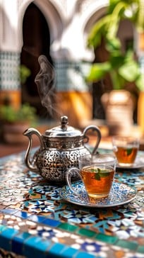 A traditional Moroccan tea setting with intricately decorated tea glasses and a silver tea pot