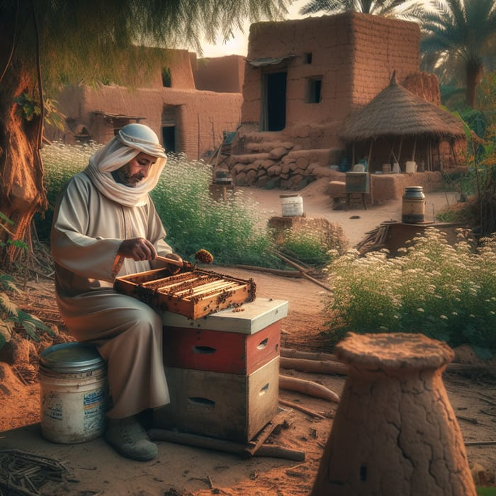 Moroccan beekeeper tending to bees in an Atlas Mountain apiary