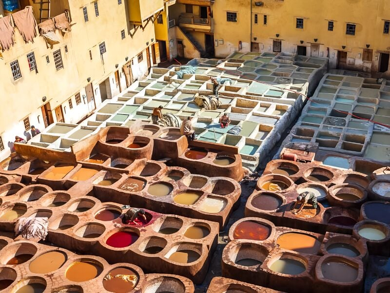 Artisans in Fes Medina carefully tanning and treating raw hides, preserving a centuries-old tradition