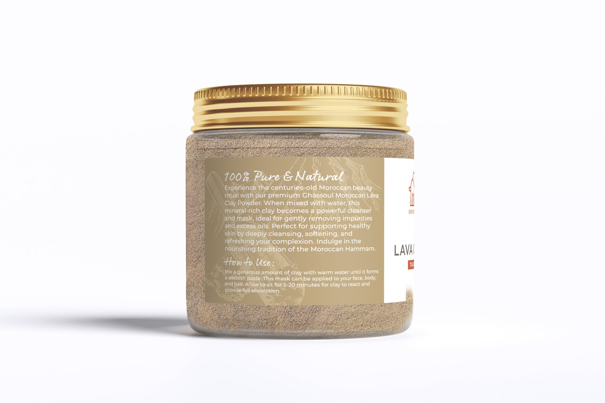 A traditional Moroccan ghassoul clay mask, applied to the face and body, with a warm, golden glow