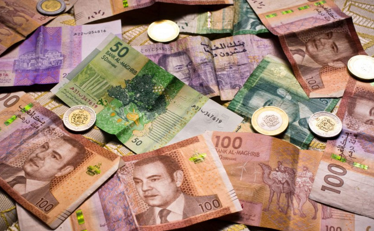 A stack of Moroccan Dirham banknotes in various denominations