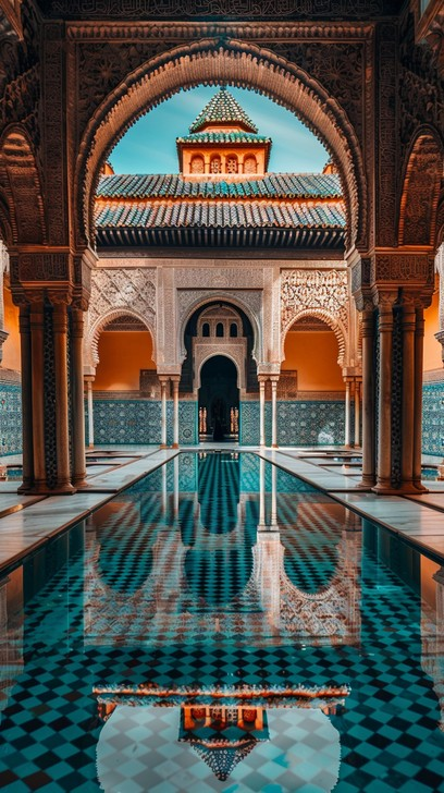 Serene reflection pool in a Moroccan Andalusian garden, surrounded by intricately tiled walls and lush greenery