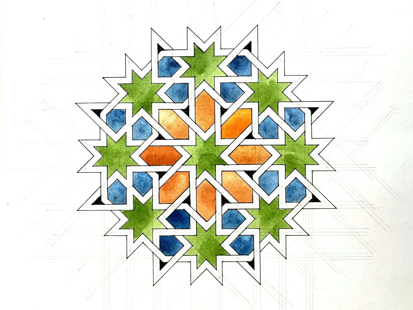Intricate zellij tile pattern featuring geometric shapes and floral motifs, typical of Moroccan Andalusian gardens