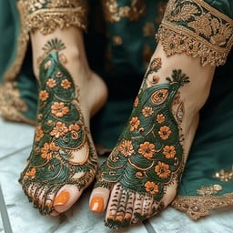 A Moroccan bride adorned with intricate henna patterns on her hands and feet, surrounded by family and friends